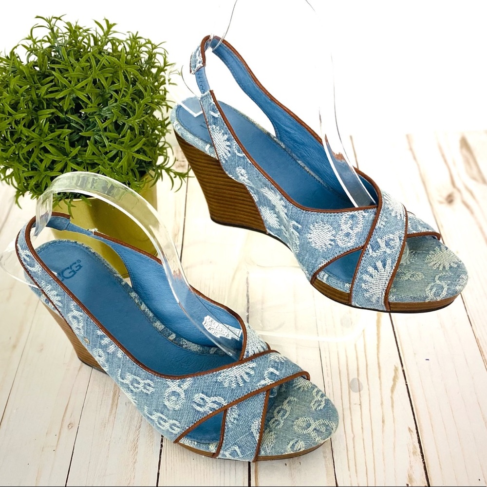 EUC Ugg Hazel Denim Women's Light Blue Wedge Sandals N4141 Size 8.5